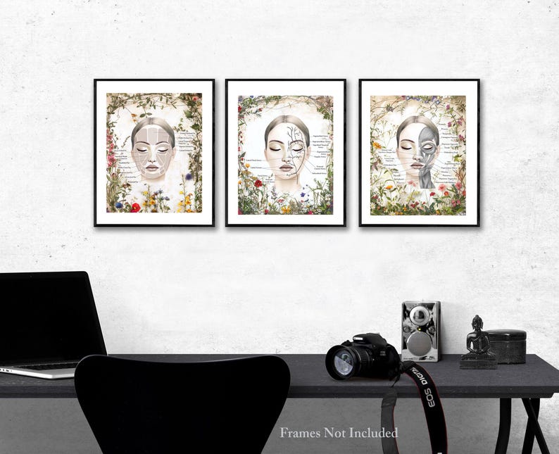 Face Anatomy With Wildflowers Art Set of 3 Unframed Art Prints Spa
