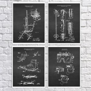 Ski decor set of 4 art prints ski patent with chalkboard background image. Unique Decor for Winter Ski lodge, great as sking gifts.