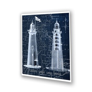May include: A vintage blueprint illustration of two lighthouses on a blue background. The image includes a map of the surrounding area and the text "Minot's Ledge Light House, Massachusetts Bay".