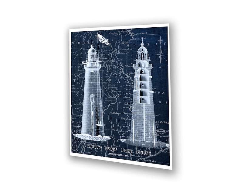 May include: A vintage blueprint illustration of two lighthouses on a blue background. The image includes a map of the surrounding area and the text "Minot's Ledge Light House, Massachusetts Bay".