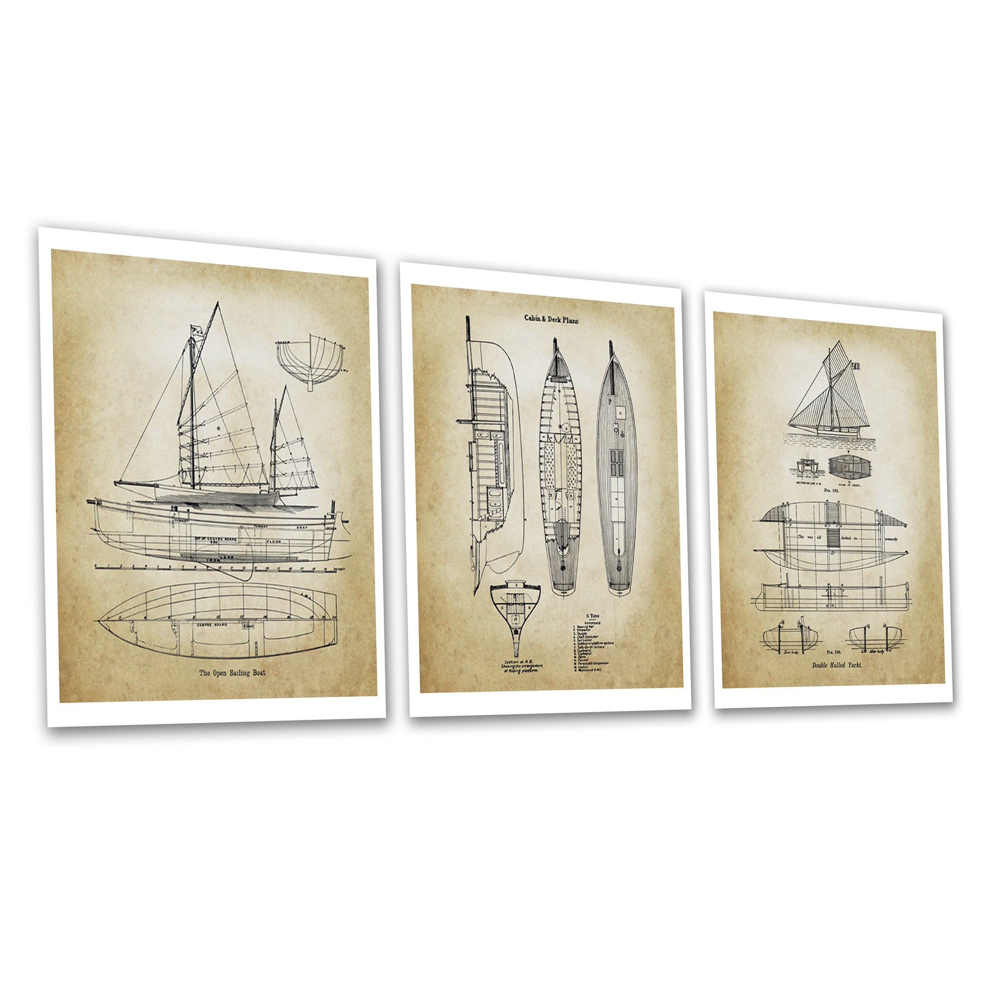 Sailing Yacht Blueprints Nautical Decor Set of 3 Unframed Art Prints ...