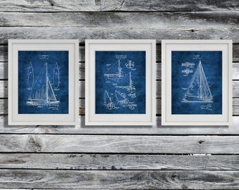 Sailboat Art Blueprints Sailing Wall Decor Set of 3 Unframed Art Prints Sailing Gifts