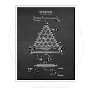 Billiards Poster art print #3 Billiard Ball Frame design invented in 1891 with chalkboard background, Billiard gift for him, rec room decor