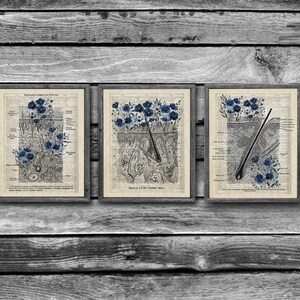 May include: Three vintage-style prints with blue flowers and anatomical illustrations of human skin. The prints are framed in black and have a white background.