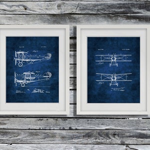 Vintage Biplane Invention Blueprints Aviation Wall Decor Set of 2 Unframed Art Prints Pilot Gift Ideas