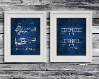Vintage Biplane Invention Blueprints Aviation Wall Decor Set of 2 Unframed Art Prints Pilot Gift Ideas