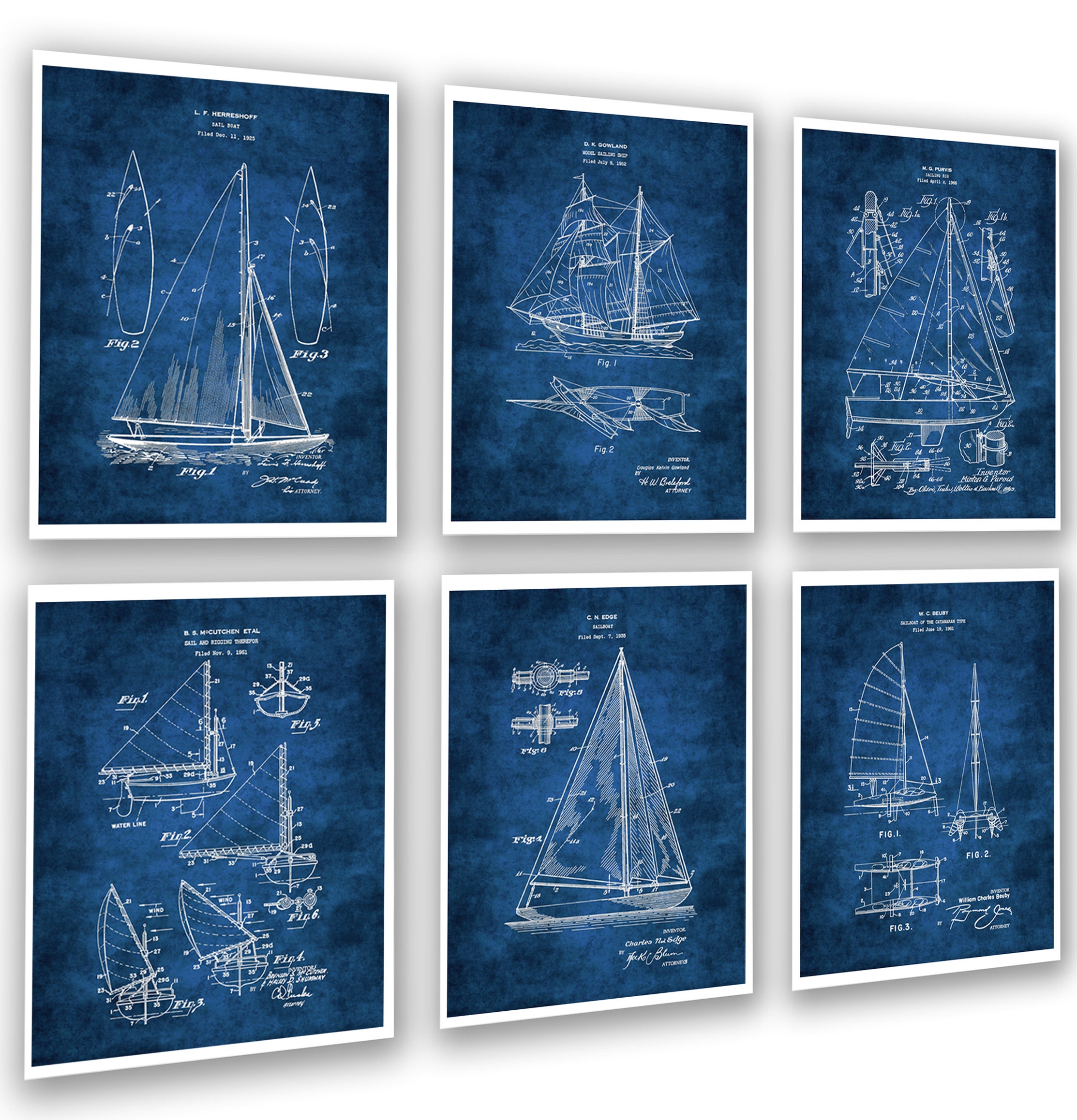 Sailboat Blueprint Art Prints, Set of 6, Nautical Wall Decor - Etsy