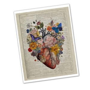 May include: A vintage anatomical heart illustration with colorful flowers and butterflies. The heart is surrounded by a variety of flowers, including roses, daisies, and lilies. The butterflies are in shades of blue and purple.