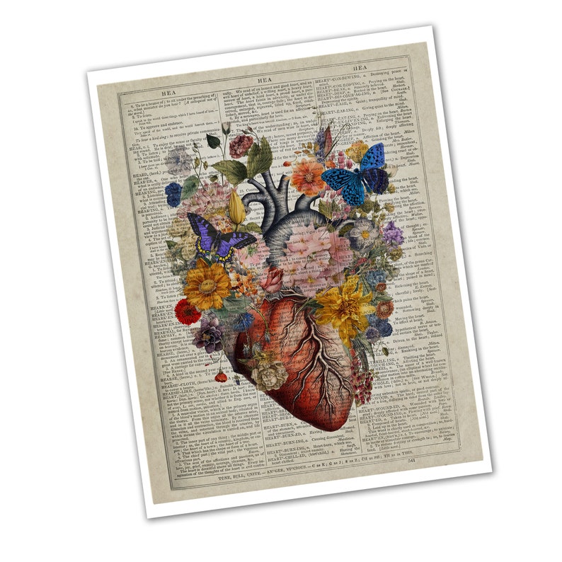 May include: A vintage anatomical heart illustration with colorful flowers and butterflies. The heart is surrounded by a variety of flowers, including roses, daisies, and lilies. The butterflies are in shades of blue and purple.