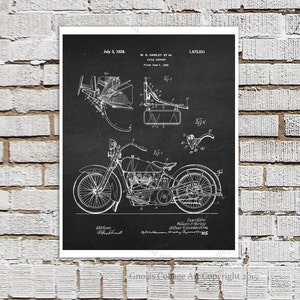 Harley Davidson Patent Art Print B2 with Chalkboard Background Image. Gift for Biker, Motorcycle Decor Harley Davidson Bar Decor ideas image 1