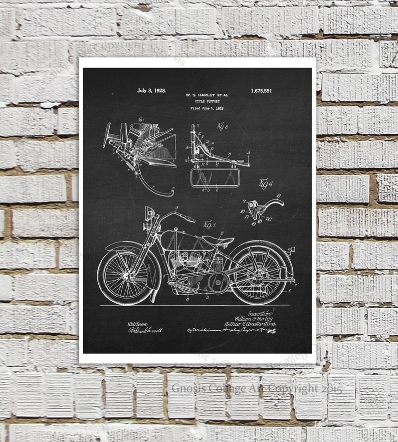 Harley Davidson Patent Art Print B2 with Chalkboard Background Image. Gift for Biker, Motorcycle Decor Harley Davidson Bar Decor ideas image 1