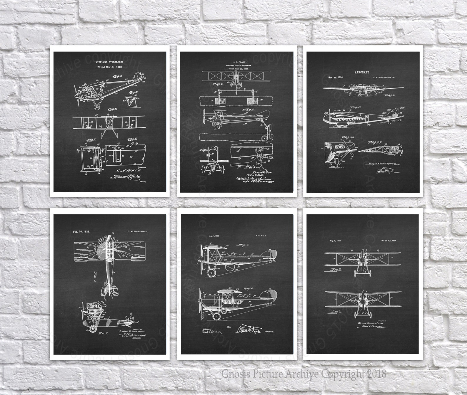 Aviation Vintage Airplane Blueprint Set of 6 Unframed Art Prints Pilot ...