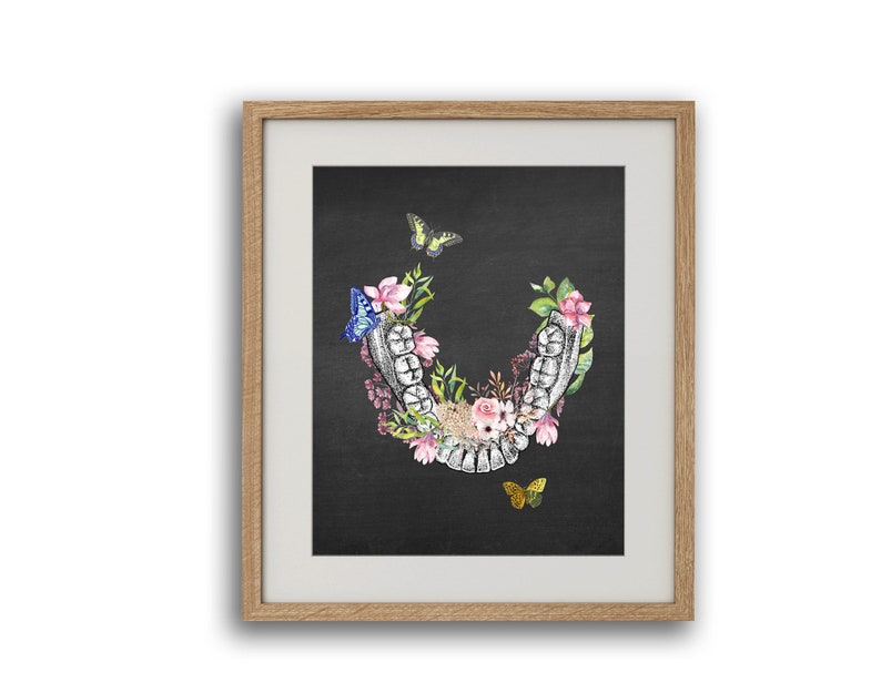 Dental Art Unframed Anatomy Print w// Flowers /& Butterflies dentist office Decor