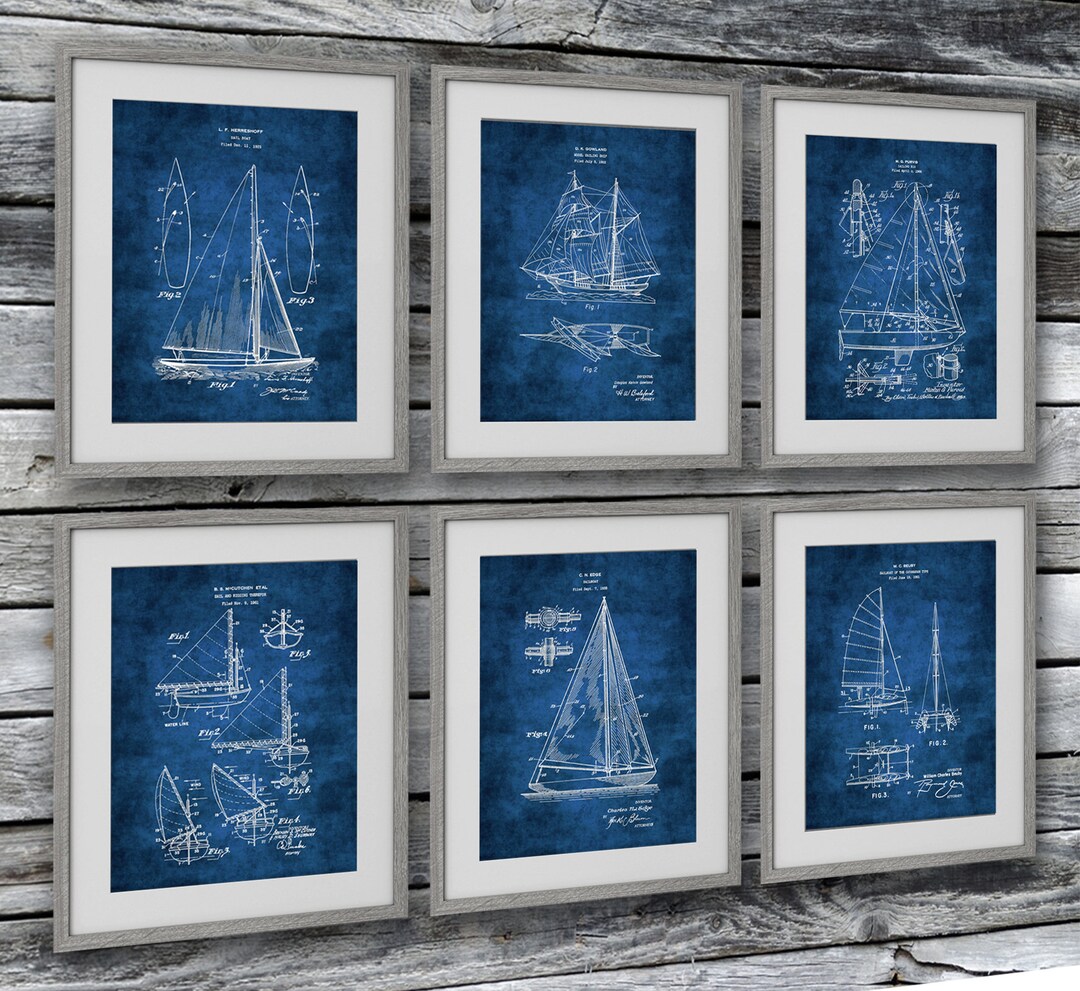 Sailboat Blueprint Art Prints, Set of 6, Nautical Wall Decor - Etsy