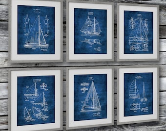 Sailboat Art Blueprints Sailing Wall Decor Set of 6 Unframed Art Prints Sailing Gifts