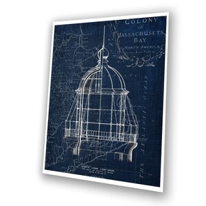 May include: A vintage blueprint style illustration of a lighthouse on a blue background. The text "COLONY of MASSACHUSETTS BAY. NORTH AMERICA" is visible at the top of the image.