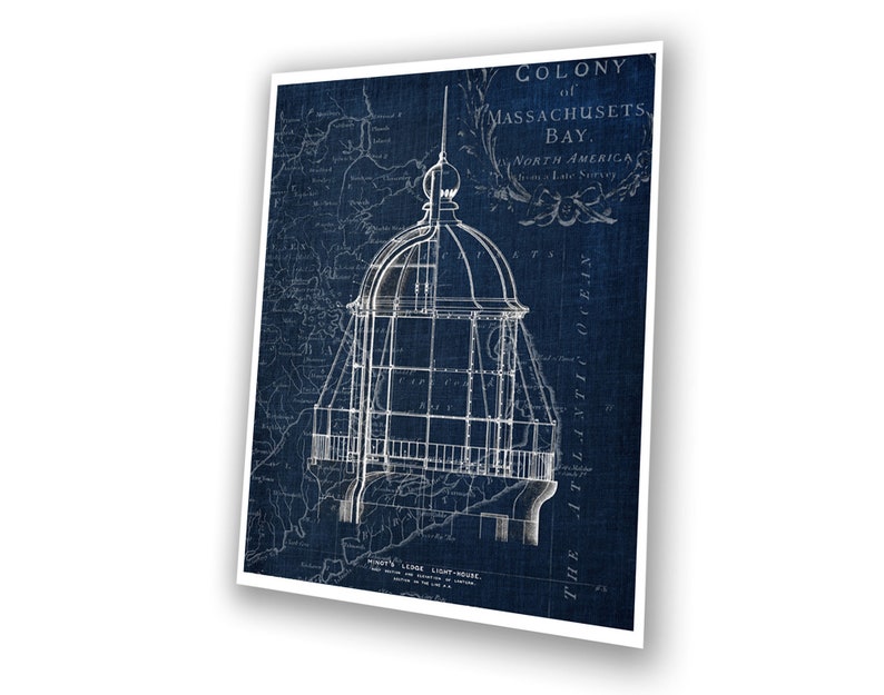 May include: A vintage blueprint style illustration of a lighthouse on a blue background. The text "COLONY of MASSACHUSETTS BAY. NORTH AMERICA" is visible at the top of the image.