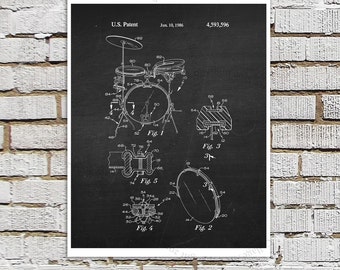 Drum set Patent Art #7 on chalkboard background - Music room Decor, Dorm Room Decor, Gift for Drummer, Drummer Decor idea, Wall Art