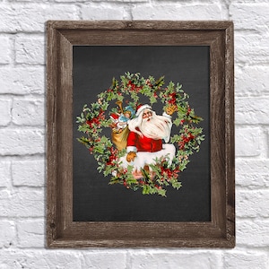 Christmas Decor - Vintage Santa Claus Holly Wreath Chalkboard Art Print - Christmas wall art - Vintage Christmas Art - Santa Claus Chalk #1