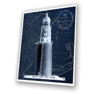 May include: A vintage blueprint style illustration of a lighthouse on a map of the Colony of Massachusetts Bay. The lighthouse is labelled "DOUGHTY'S LEDGE LIGHT HOUSE."