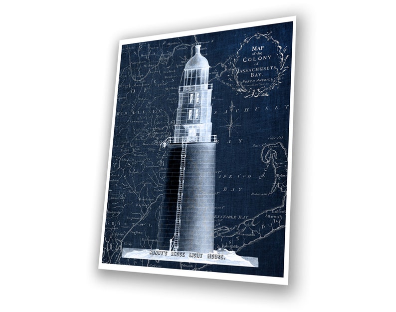 May include: A vintage blueprint style illustration of a lighthouse on a map of the Colony of Massachusetts Bay. The lighthouse is labelled "DOUGHTY'S LEDGE LIGHT HOUSE."