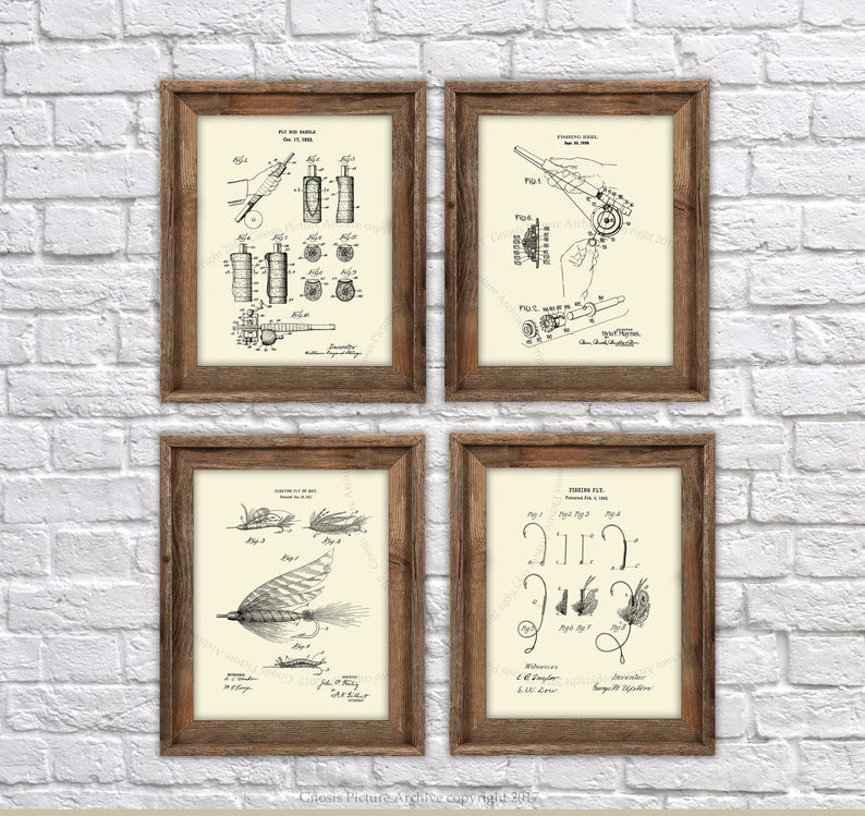 Fly Fishing decor Fishing Lure Fly rod patent art prints set Etsy