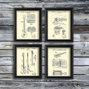 Vintage Fender Guitar Patent Art Prints set of 4 art prints in cream color, boyfriend gift, guitarist gift, Musician decor, Guitar wall art