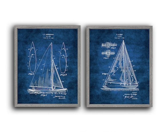 Sailing Decor Gift Wall Decor Set of 2 Unframed Sailboat Blueprint Patent Art