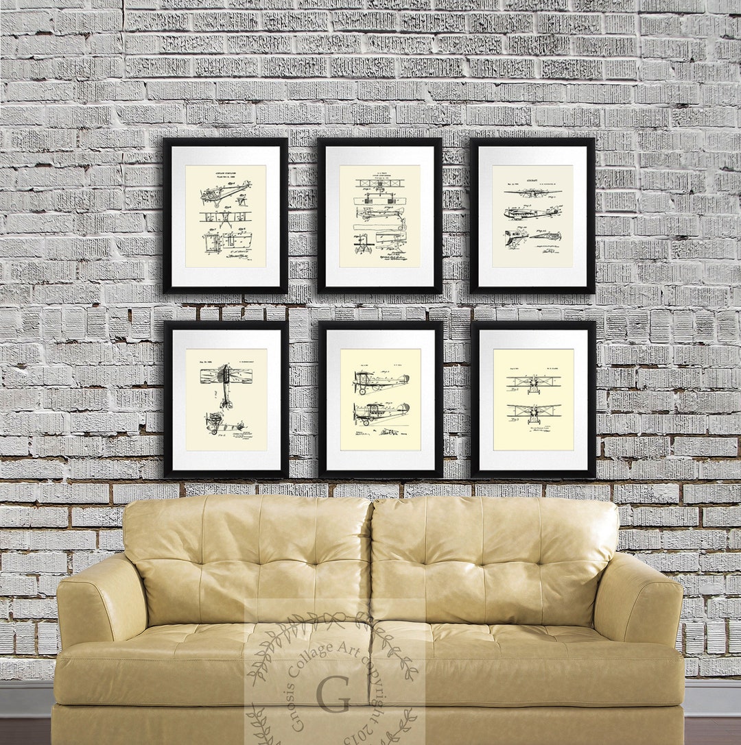Vintage Airplane Biplane Invention Patent Art Aviation Wall Decor Set ...