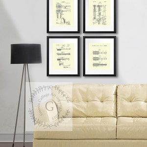 Bathroom Decor posters set of 4 cream wall Art. Retro Bathroom Art Toothbrush Hairbrush Hair Dryer Shaving Razor Patent Art Prints