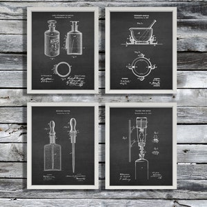 Pharmacist Gift Wall Decor Set of 4 unframed Patent Art Pharmacy Druggist Mortar Medicine Bottle Dropper Filter Invention