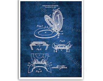 May include: A vintage blueprint style illustration of a toilet seat and cover patent. The patent is dated July 14, 1906. The illustration shows four different views of the toilet seat and cover, labeled Fig. 1, Fig. 2, Fig. 3, and Fig. 4.