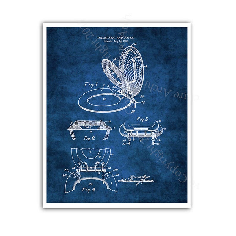 Bathroom Wall Art Blueprint Diagram of Toilet Seat Invention. Etsy
