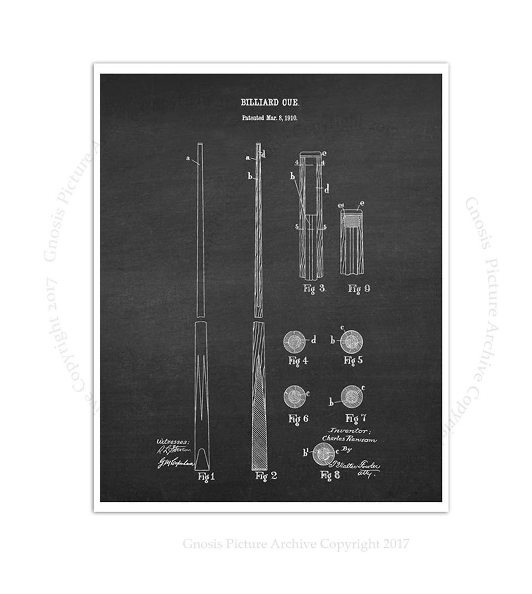 Billiards Poster Art Print 4 Billiard Cue Design Invented in 1910 With