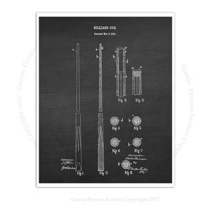 Billiards Poster art print #4 Billiard Cue design invented in 1910 with chalkboard background, Billiard gift for him, rec room decor
