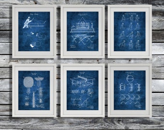 Ping Ping Table Tennis Game Room Wall Decor set of 6 Blueprints Art