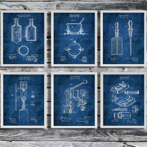 Pharmacy Decor, Pharmacist Gift; PharmD Gift, Art Set of 6 Unframed Patent Drawings Mortar Medicine Bottle Prescription Scale Invention