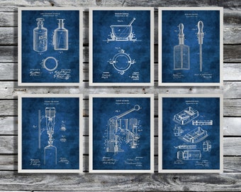 Pharmacy Decor, Pharmacist Gift; PharmD Gift, Art Set of 6 Unframed Patent Drawings Mortar Medicine Bottle Prescription Scale Invention