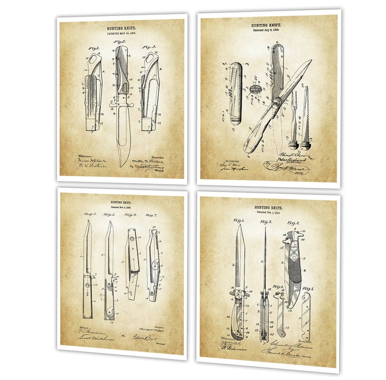 Hunting Knives Art Prints Set of 4 Unframed Patent Blueprints Etsy