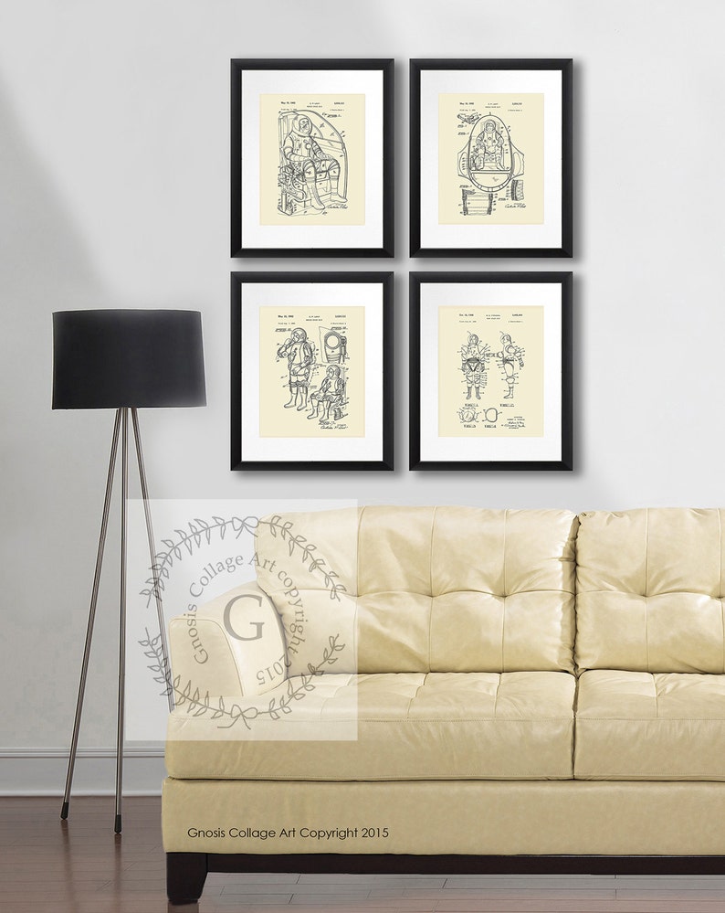 Outer Space wall Decor set of 4 prints, NASA prints, Boys Bedroom Wall Decor, Space Suit Patents, Space Decor, Science Nerd Decor, Geekery image 1