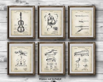 Láminas artísticas antiguas de patentes de violines, juego de 6 sin marco