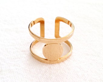Bague large plaqué or 750/000 - Bague soleil double anneau or , taille réglable - Geometric ring, 750 yellow gold plated