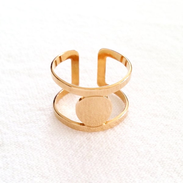 Bague large plaqué or 750/000 - Bague soleil double anneau or , taille réglable - Geometric ring, 750 yellow gold plated