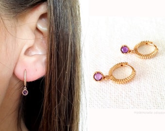 Créoles pampilles, petites créoles or améthyste plaqué or 750/000, anneaux plaqué or -Little Earrings amethyst hoop gold plated