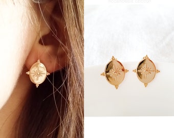 Earrings chips large sun plated 18 carat gold - gold flower earrings, gold sun - Minimalist gold gold jewelry