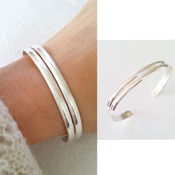 Thick 925/000 silver bangle - Double bracelet Simple adjustable diameter bangle - Thick solid silver bangle Simple silver bangle - Double silver bangle