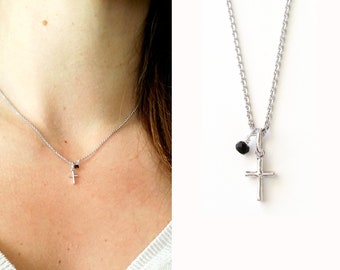 Silver necklace 925/000 - Little Christian Believe Black Pearl - Pendant Catholic Cross Charm - Silver Cross 925/000