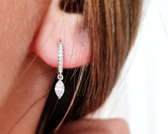 Silver hoop earrings hanging tassels set with solitary zirconia - 925 silver earrings set with zirconium