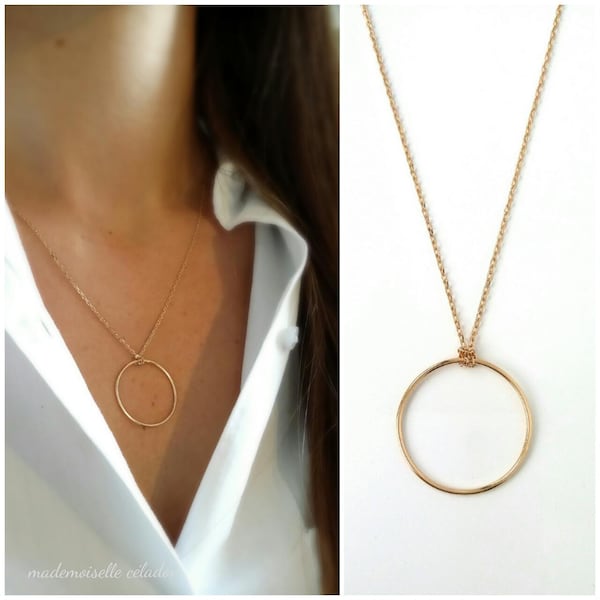 Collier cercle  plaqué or 750/000, collier grand anneau - Circle on chain  necklace 750 yellow gold plated