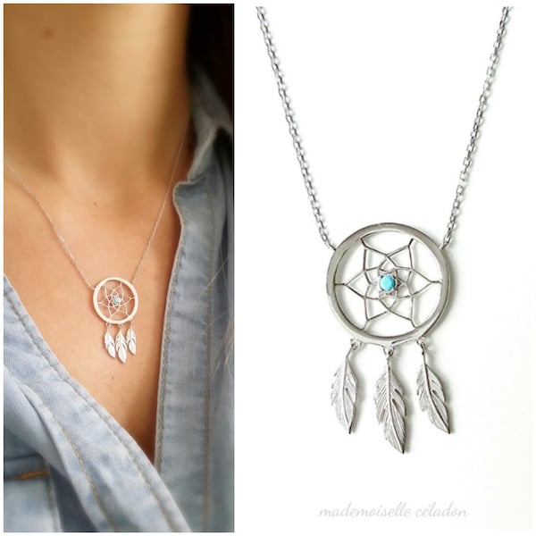 Collier attrape rêves argent - Collier argent 925/000 pendentif dreamcatcher, accroche rêves - 925 silver sterling necklace Dreams catcher